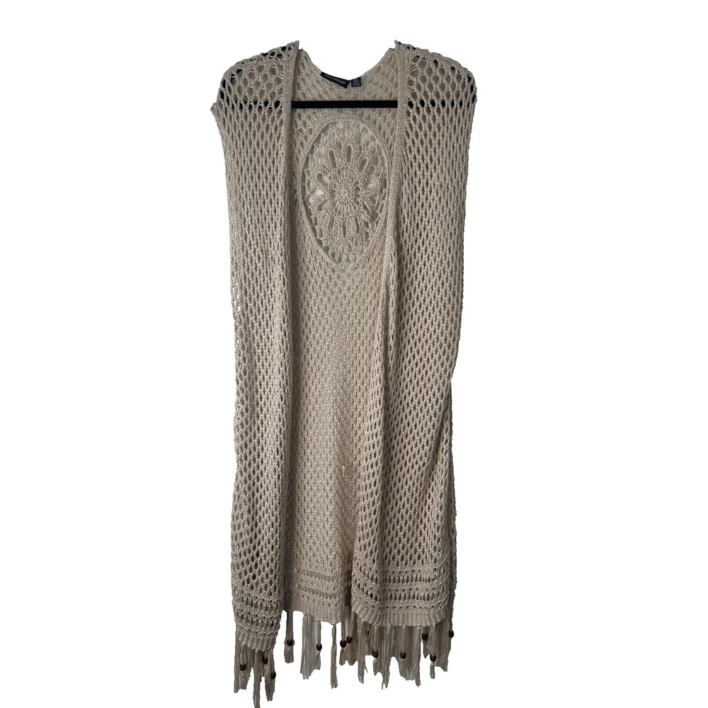NIna Leonard Long Crochet Duster 1X Sleeveless Boho Chic Floral Medallion Fringe